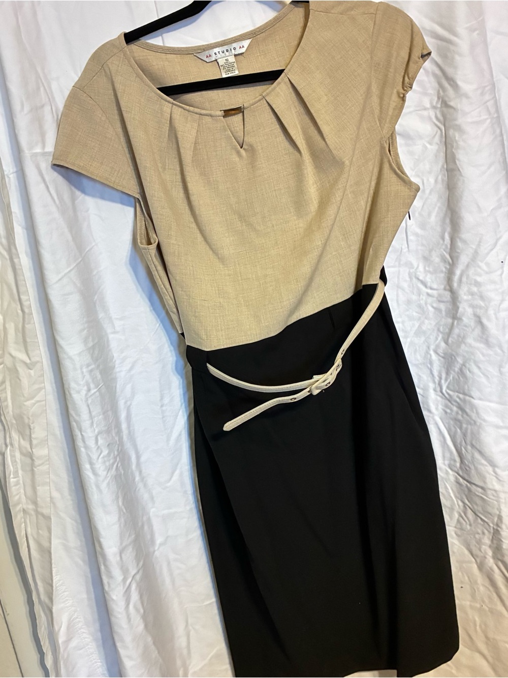 Aa Studio Beige and Black Midi Sheath Dress with Slim Belt